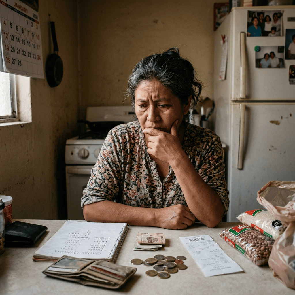 Woman reviewing household expenses, cash, coins, and groceries at a kitchen table