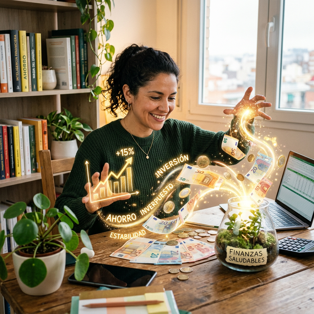 Woman viewing glowing savings and investment symbols with euro notes and coins