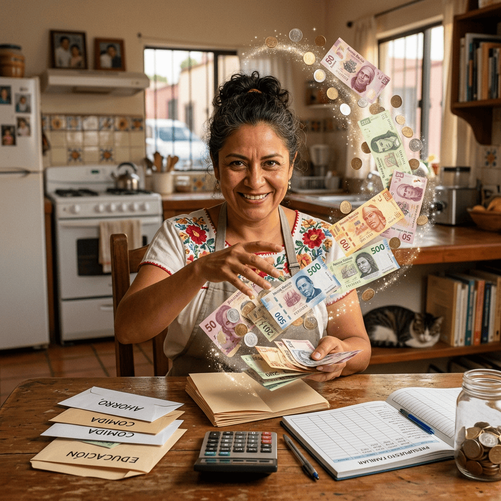 Woman budgeting Mexican pesos with envelopes labeled Educación, Comida, and Ahorro