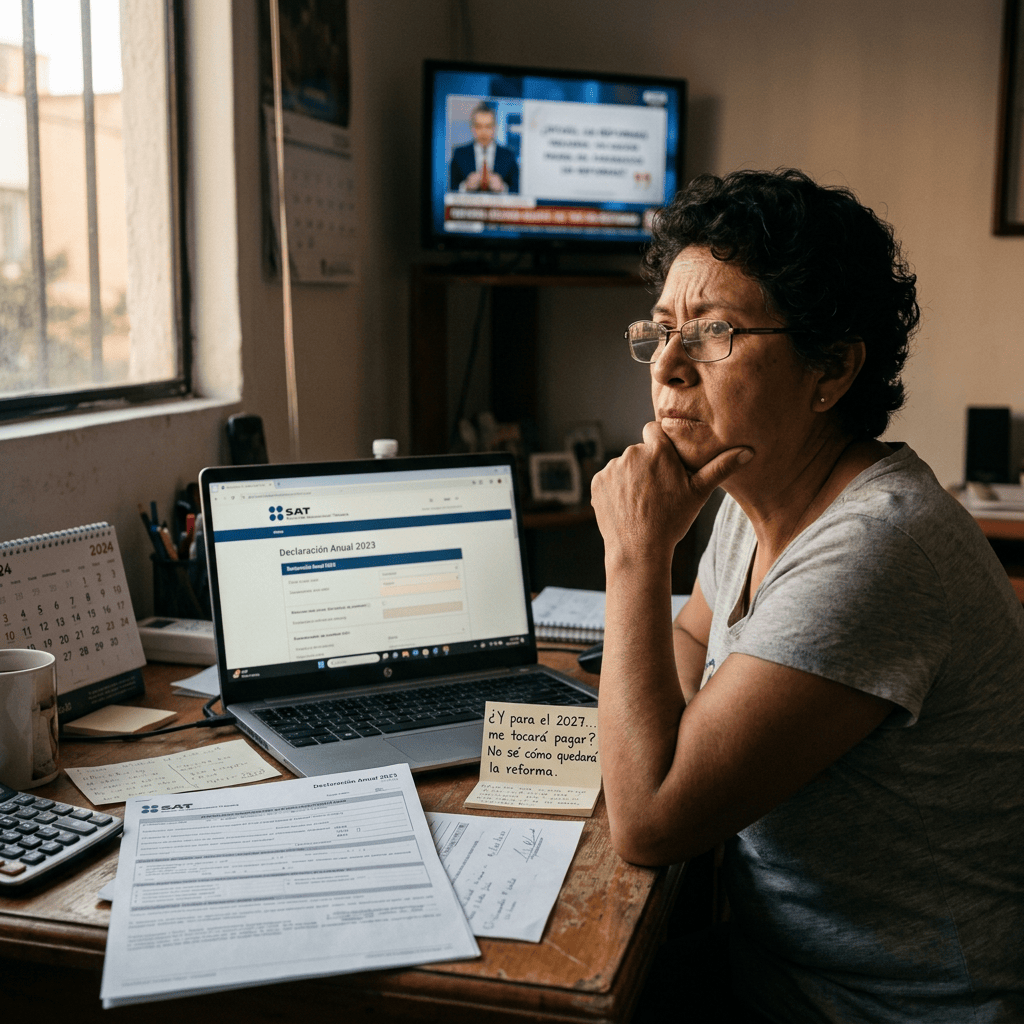 Woman reviewing SAT annual tax declaration documents at home