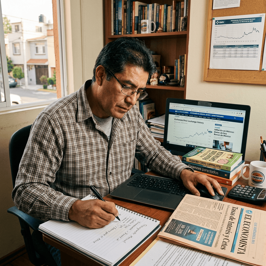 Man reviewing financial charts and taking notes at a desk