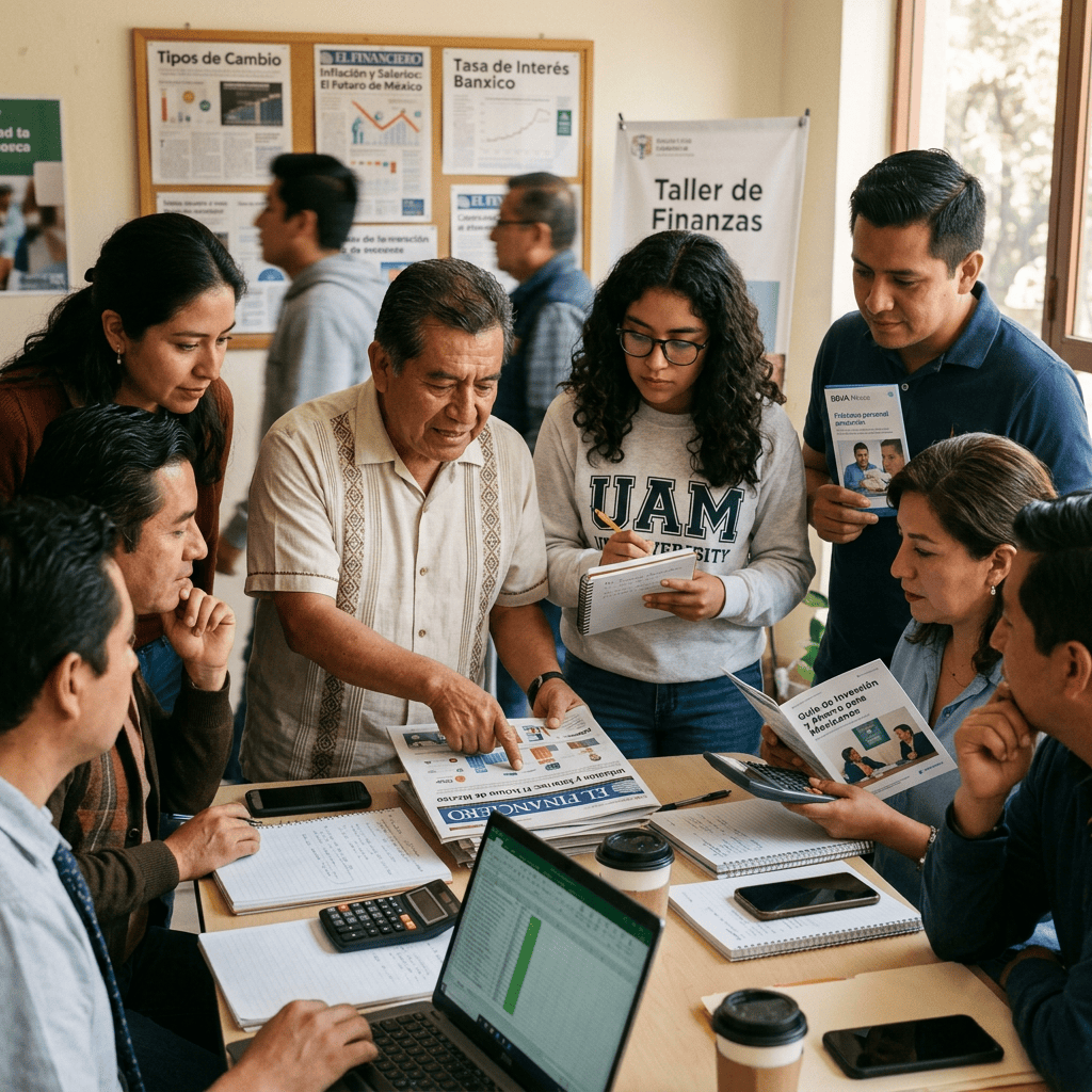 Adults studying financial materials during a workshop labeled “Taller de Finanzas.”