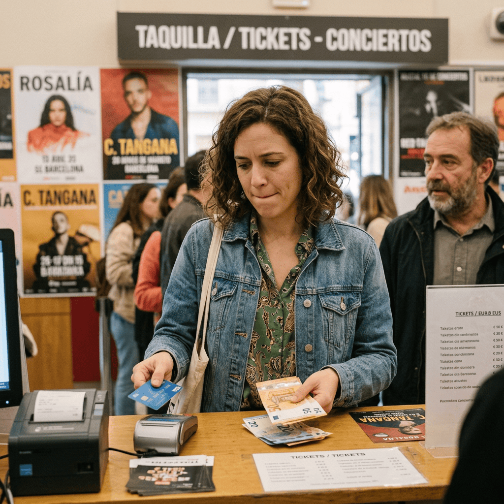 Woman purchasing concert tickets at a venue box office
