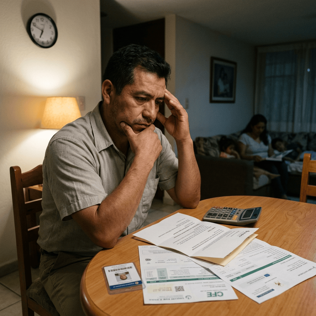 Man studying household documents at a table with family in background