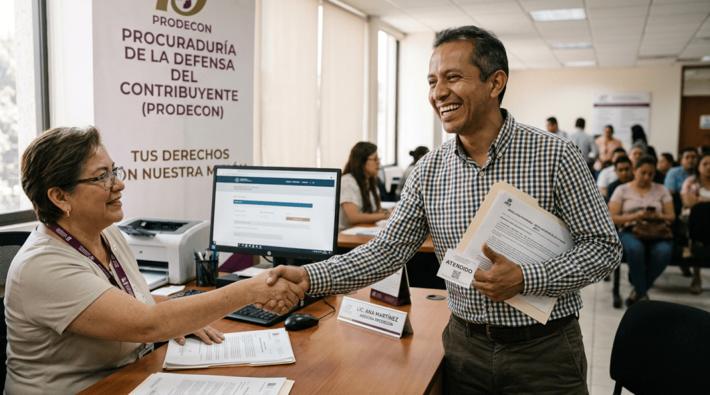 PRODECON representative shakes hands with taxpayer holding documents labeled ATENDIDO