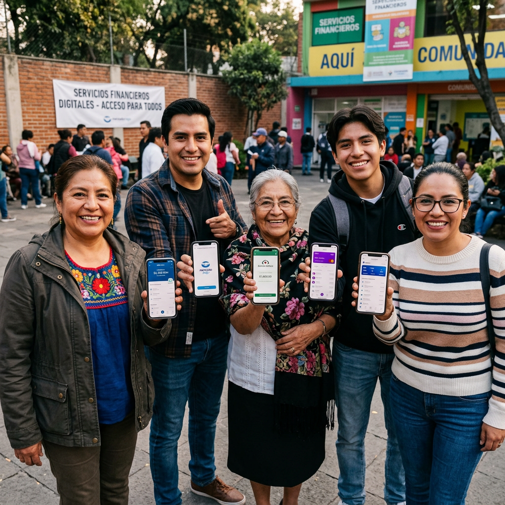 Five people hold smartphones outside a community financial services center.