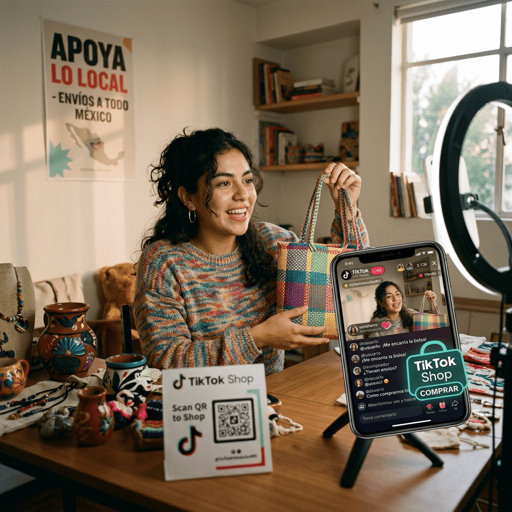 Woman displaying colorful woven tote beside TikTok Shop phone and QR sign