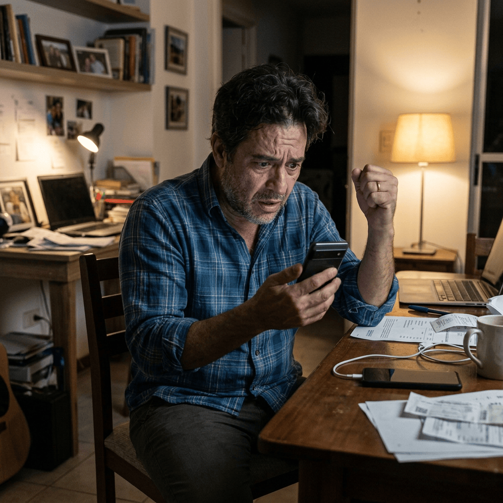 Man holding his head while reviewing a phone beside household bills